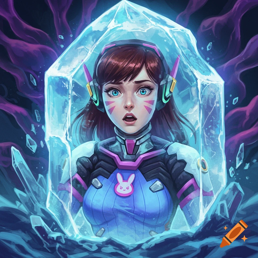 Anime style depiction of D.va from Overwatch, an icebound character with blue eyes and headphones, encased in a shimmering crystal.
