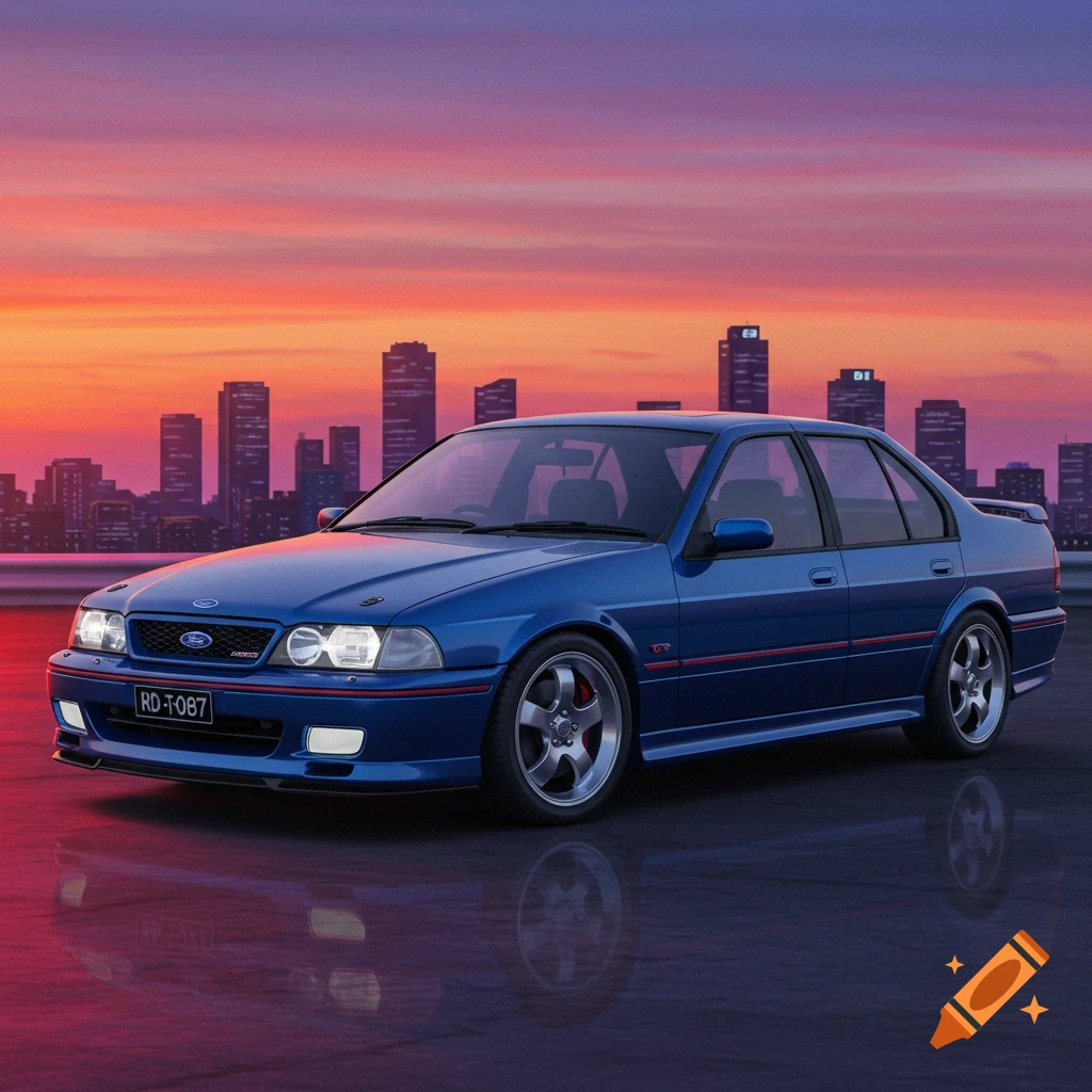 A blue Ford Falcon car with red accents on a reflective surface against a vibrant sunset city skyline.