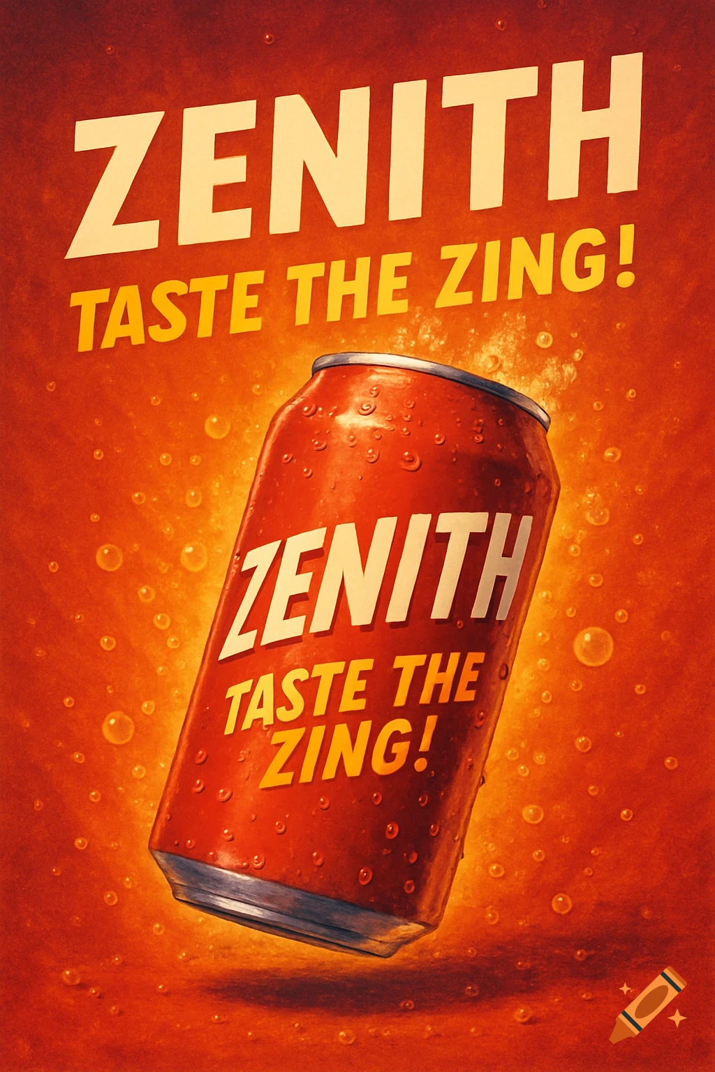 Red Zenith soda can with water droplets against a bubbly orange background, featuring the slogan 'Taste the Zing!' in a vintage ad style.
