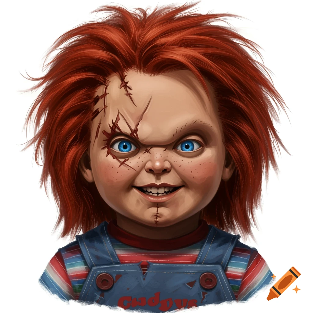 Close-up portrait of the Chucky doll from the horror movies, with bright red hair, blue eyes, and stitched scars on its face, wearing blue overalls over a striped shirt, on a white background.