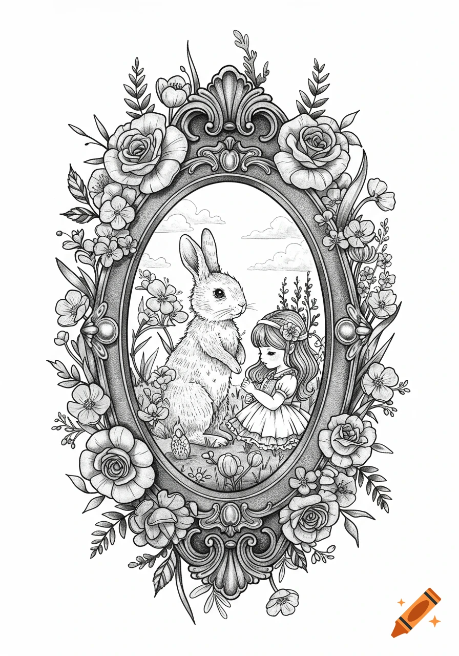 Black and white line art of a small girl and a fluffy bunny in an ornate floral frame.