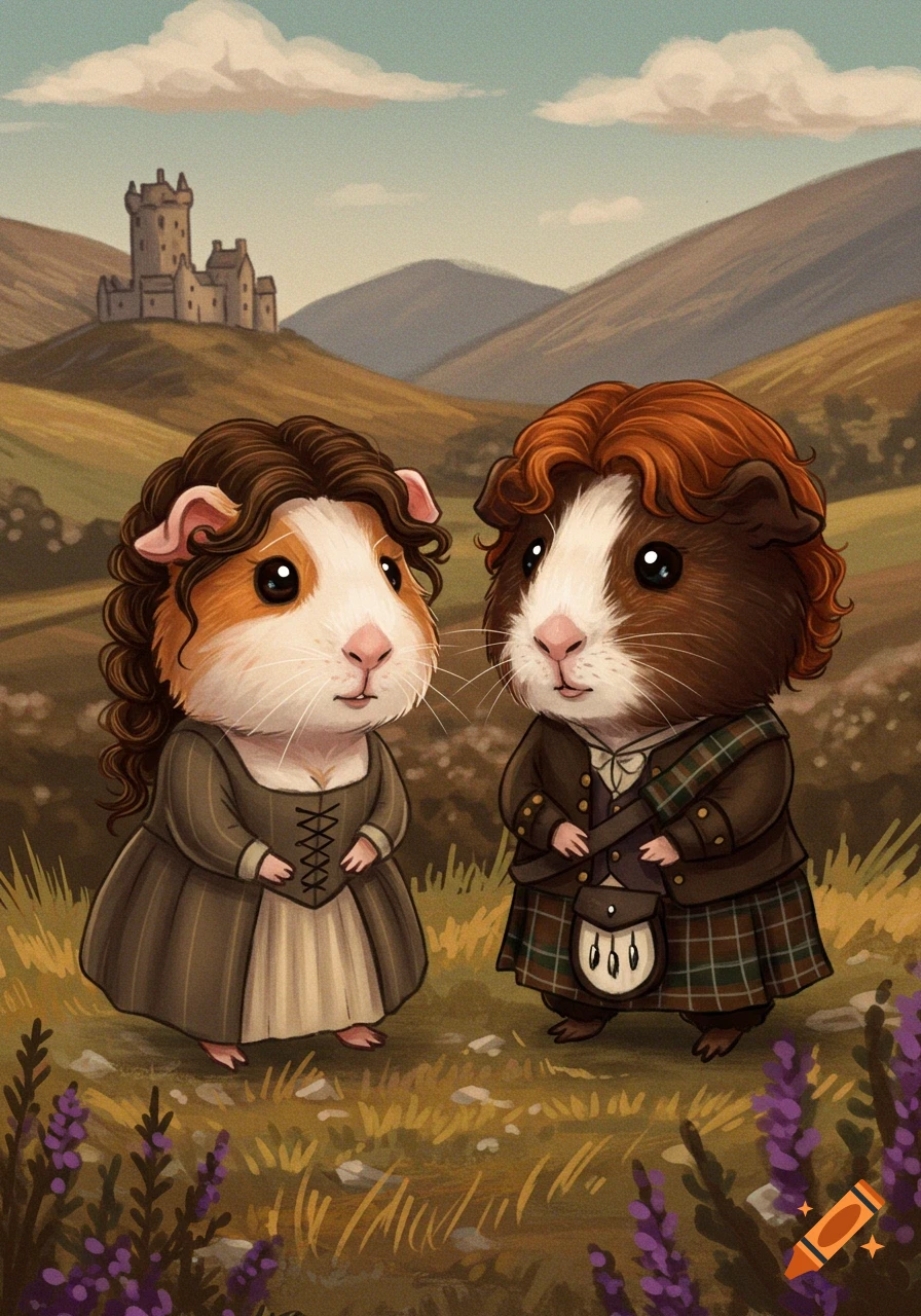 Two guinea pigs dressed in historical Scottish clothing stand in a field with a castle and mountains in the background, illustrated.
