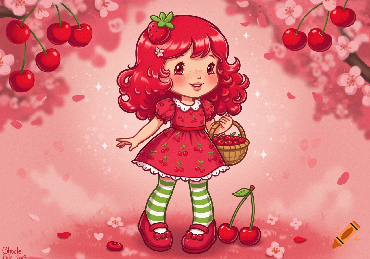 A cute cartoon girl with red curly hair, wearing a cherry-patterned dress and green striped socks, holds a basket of cherries in a cherry blossom setting.
