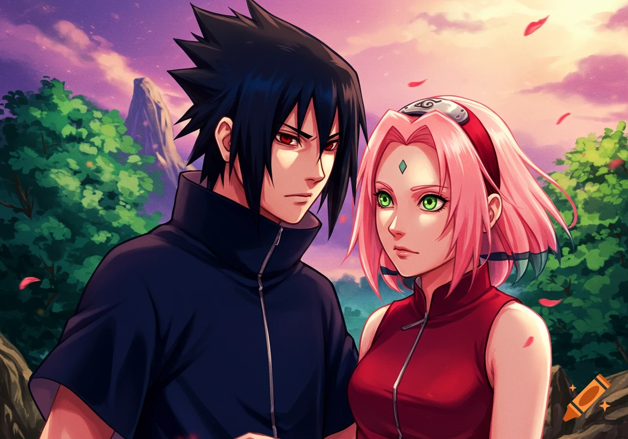 Anime characters Sasuke and Sakura standing together outdoors with a colorful sky and landscape in the background.