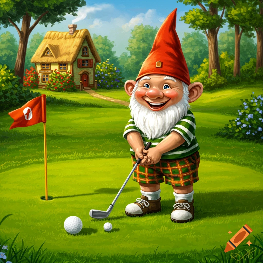 A smiling garden gnome in a red hat and plaid shorts holds a golf club on a green golf course, with a flag and a house in the background. Cartoon style.