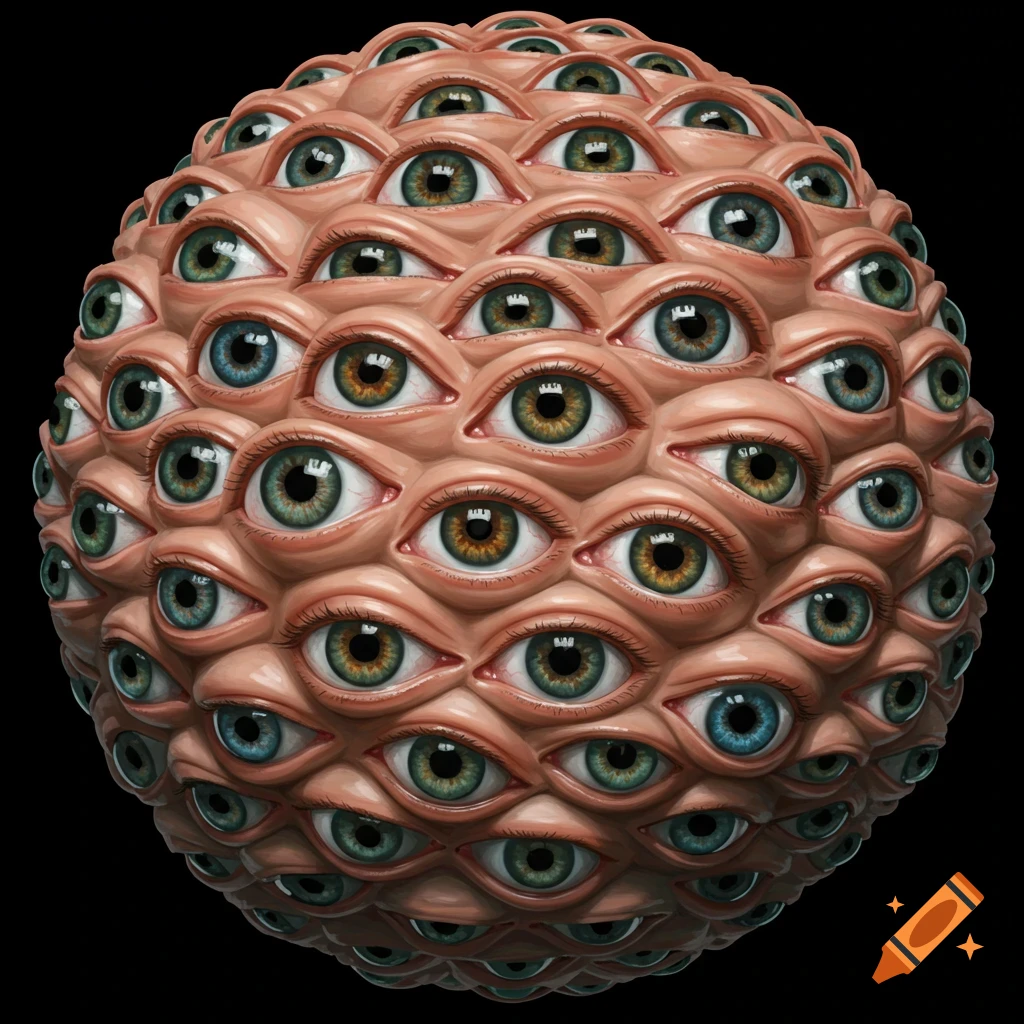 A highly detailed, surreal ball covered entirely in realistic human eyes of various colors, set against a black background.