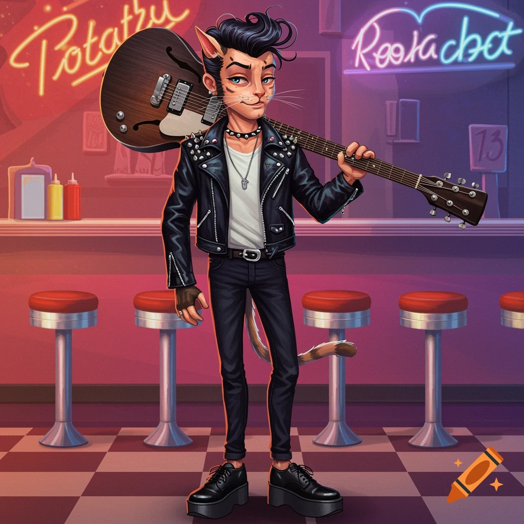 An anthropomorphic cat-boy in a rockabilly outfit with a pompadour hairstyle and leather jacket stands in a retro diner, holding a guitar.