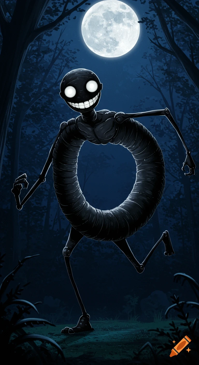 A black skeletal monster with a ring body, bright white eyes, and a wide grin runs through a dark forest under a full moon in an illustrated style.
