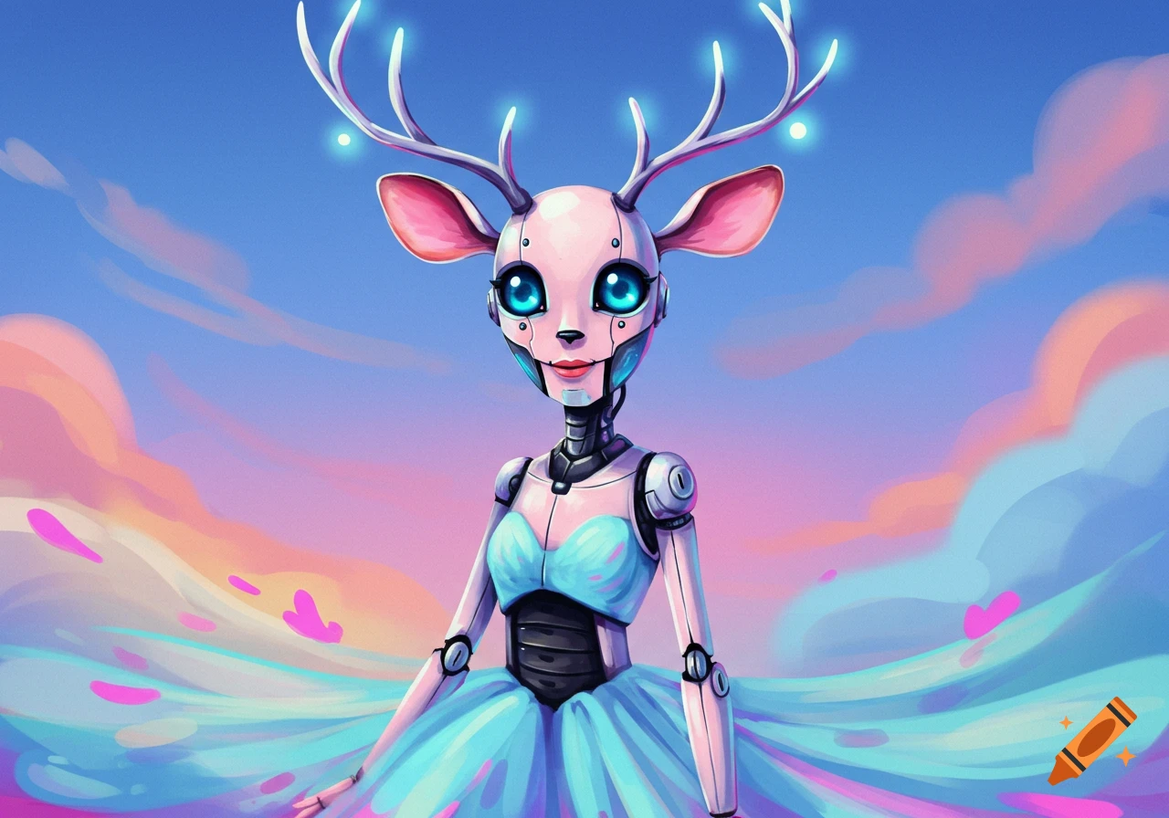 A cartoon robot deer girl with large blue eyes, glowing antlers, and a flowing blue and pink dress, against a pastel sky.