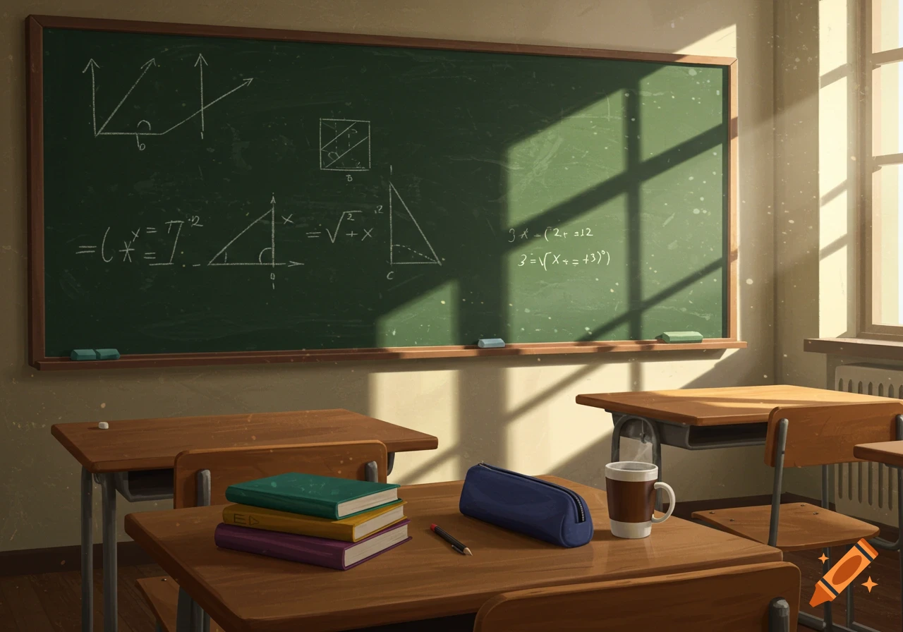 A view of a classroom with a green blackboard covered in mathematical equations, wooden desks, books, a pencil case, and a mug bathed in sunlight.
