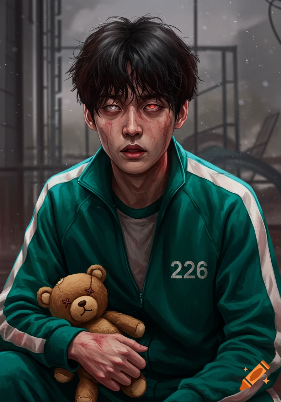 An injured young man in a teal Squid Game tracksuit with red and white eyes holds a bloody teddy bear.