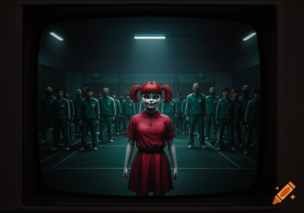 A creepy doll with red pigtails and a clown-like face stands in a dark gym before a crowd of people in green tracksuits, viewed on an old CRT TV with a VHS effect.