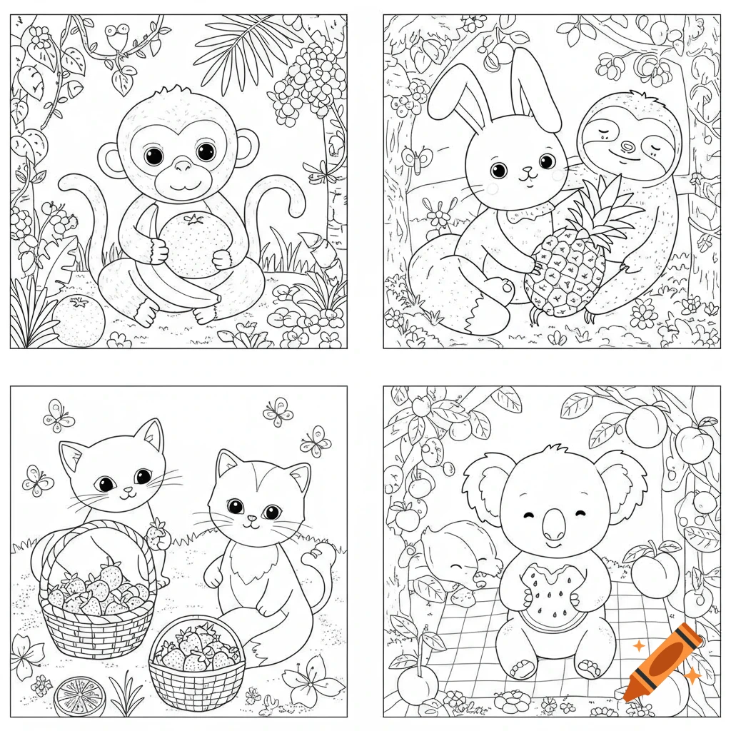 Four coloring book panels: a monkey with fruit, a bunny and sloth, cats with strawberries, and a koala with watermelon.