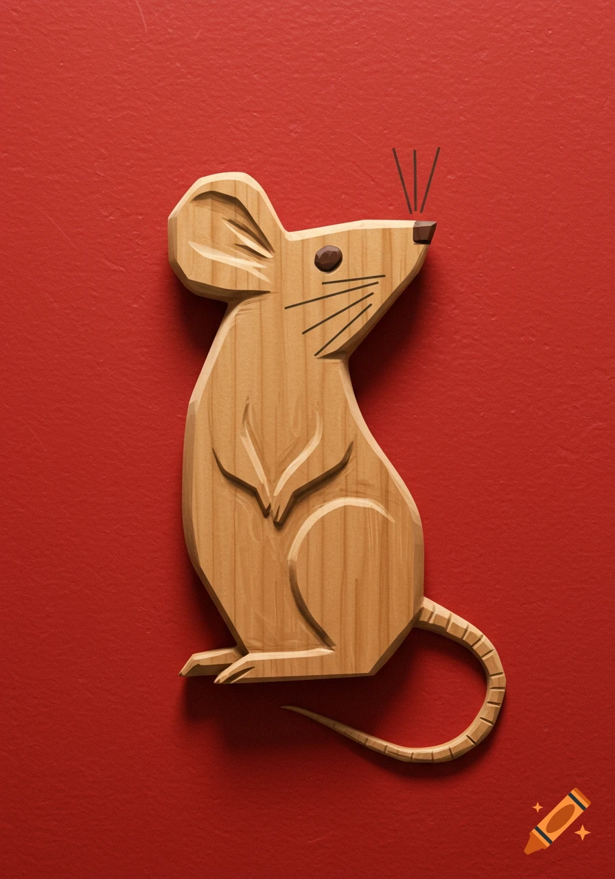 A basswood carving of a mouse in flat plane style against a red wall.