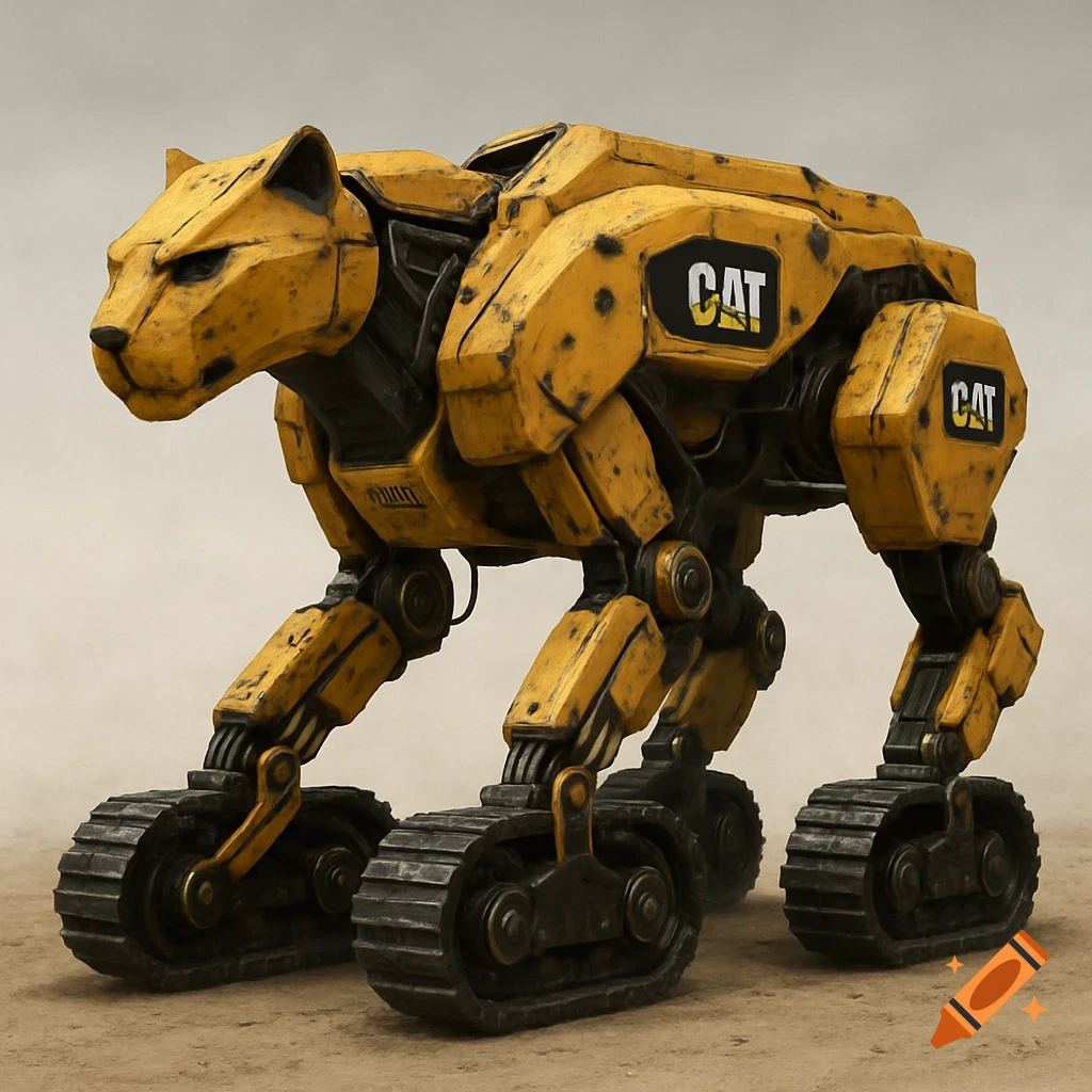 A yellow and black Caterpillar-branded robot mech resembling a large cat stands on four independent treads on a dusty ground.