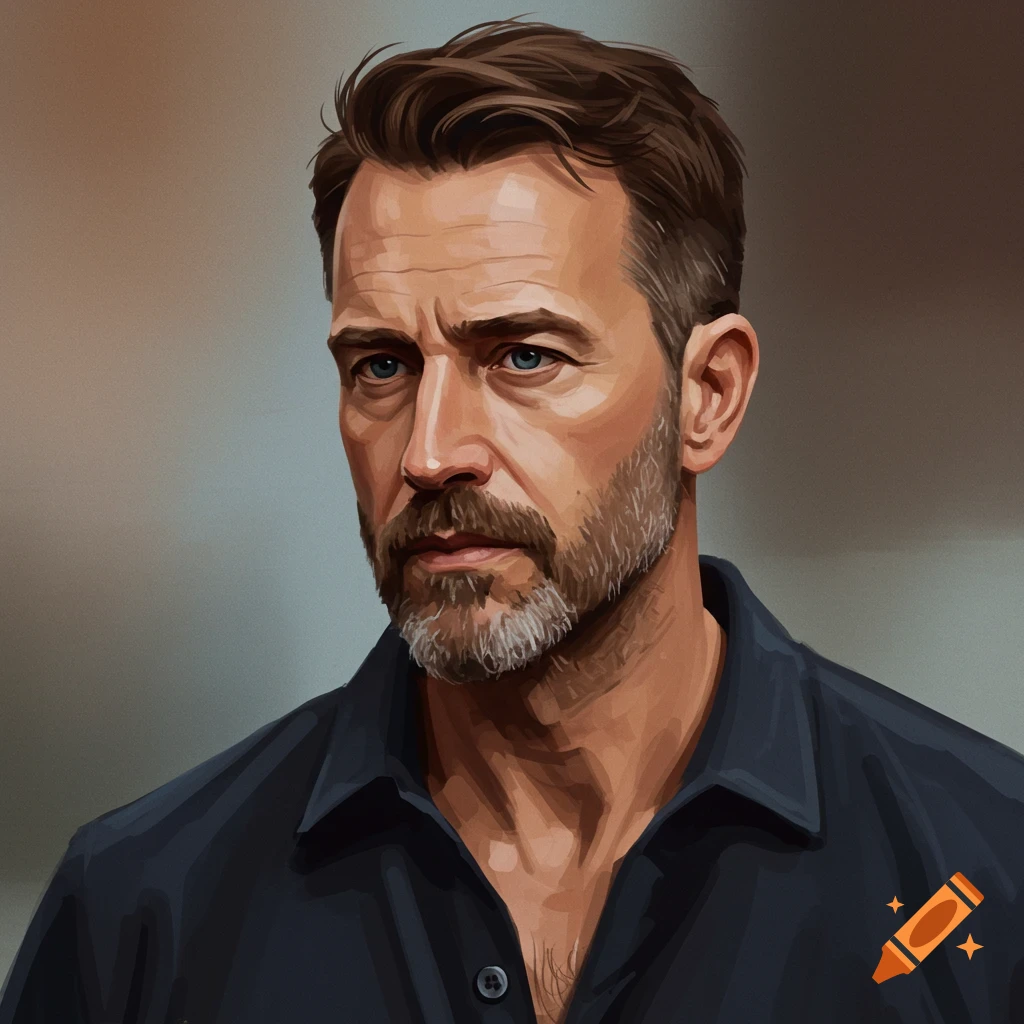 A digital painting of a man with a beard and blue eyes, wearing a dark blue collared shirt. He has short brown hair and is looking slightly to the side.