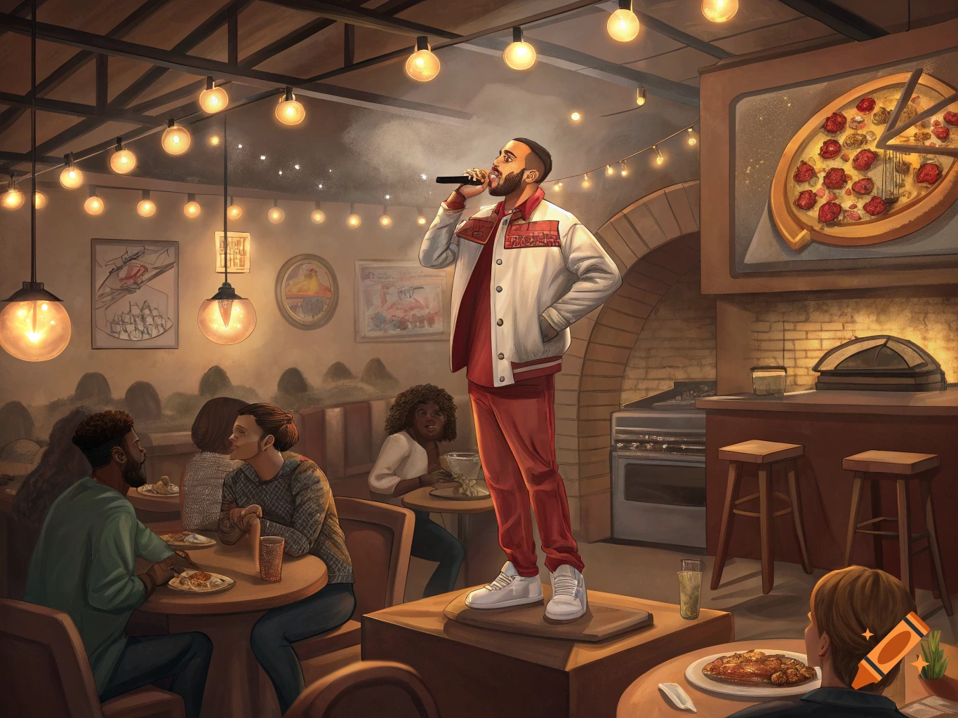 A man sings into a microphone in a pizza restaurant with warm lighting, while customers eat at tables.