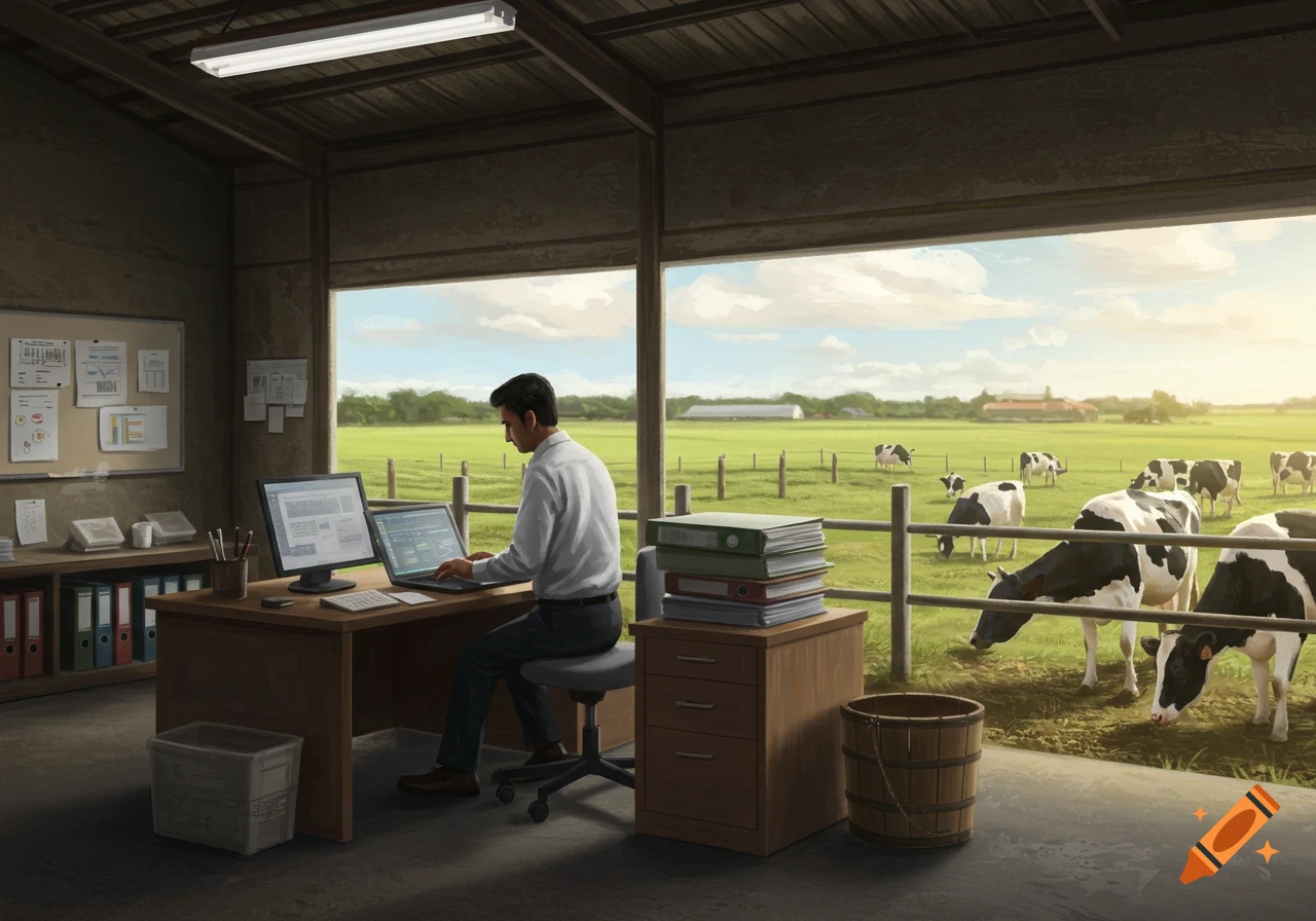 A man works on computers inside a barn overlooking a pasture filled with grazing cows.