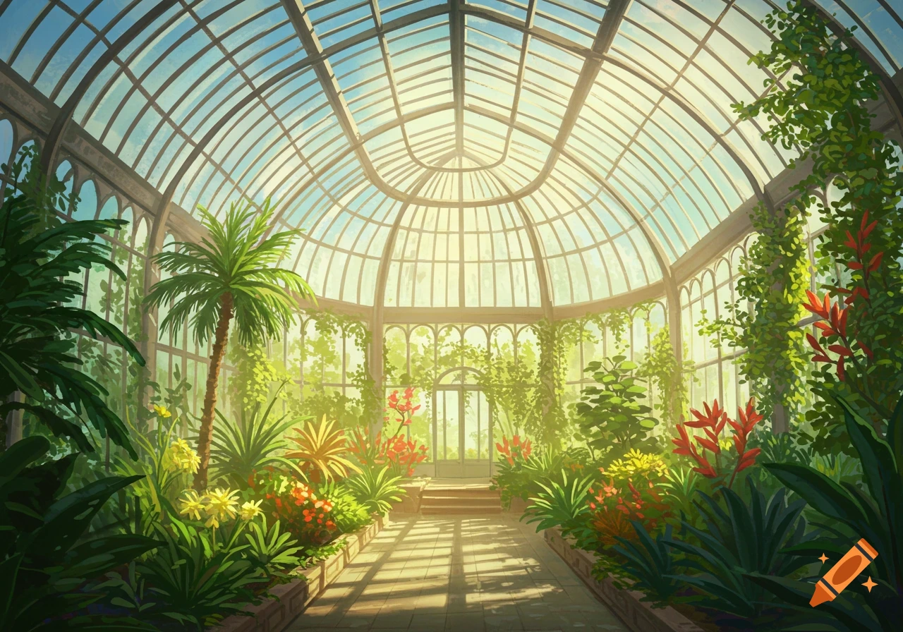 A vibrant greenhouse filled with lush green plants and colorful flowers under a bright glass ceiling.