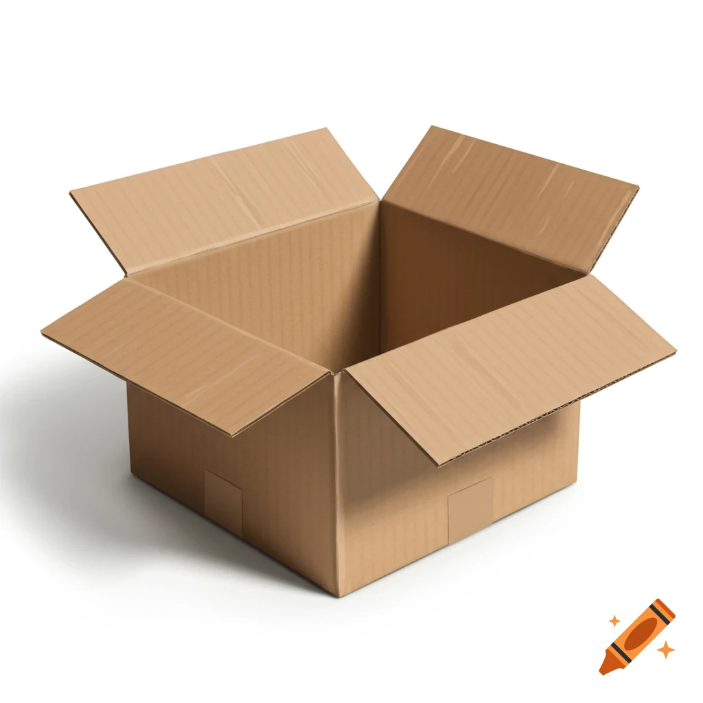 An open, empty cardboard box on a white background.