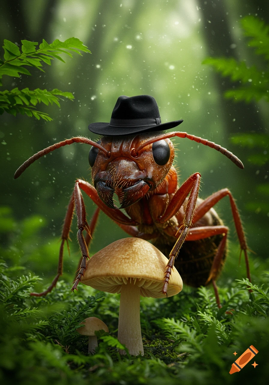 Photorealistic close-up of a large ant wearing a black fedora, standing beside a mushroom in a lush green forest.