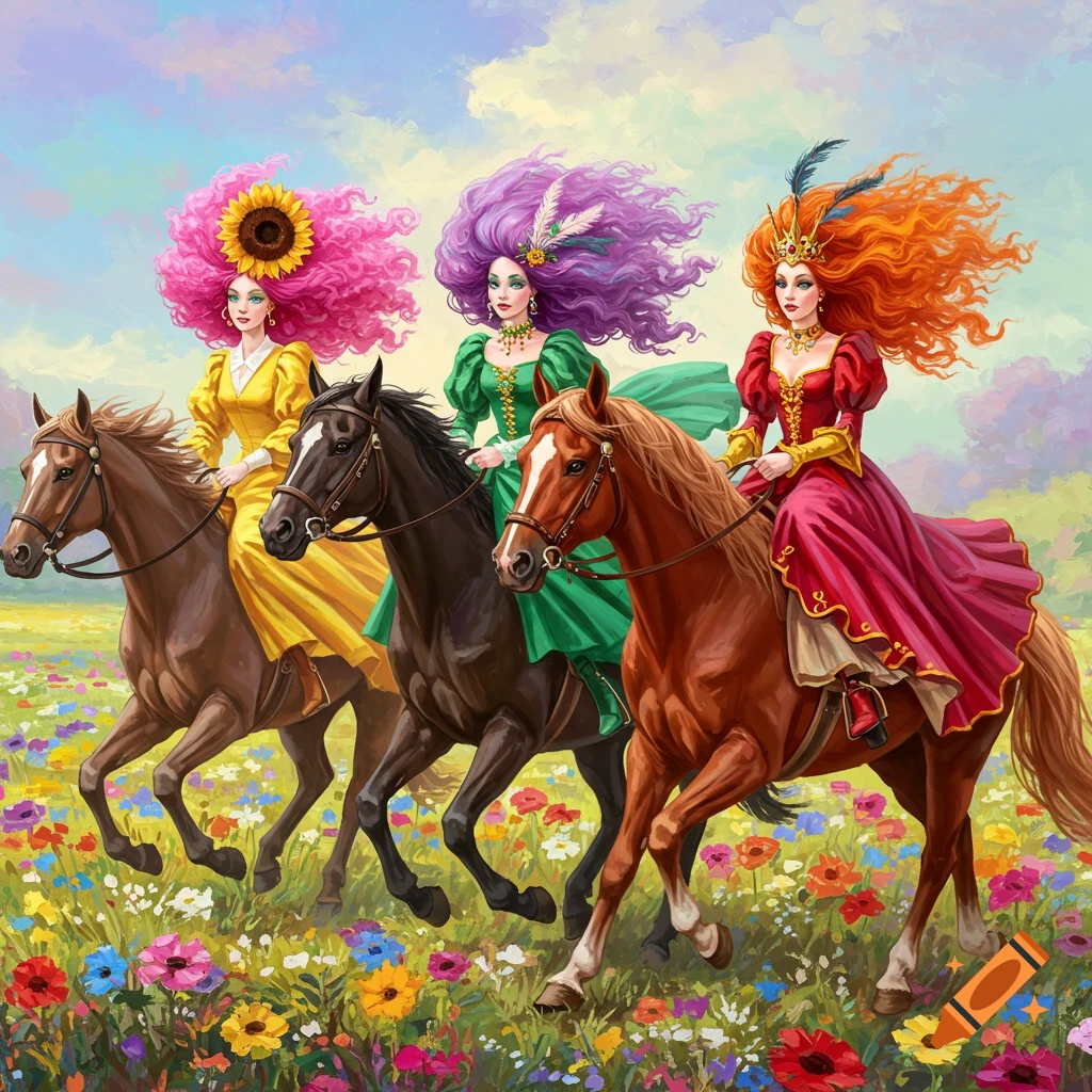 Three whimsical women with large, colorful hairstyles ride horses through a vibrant field of wildflowers under a cloudy sky.