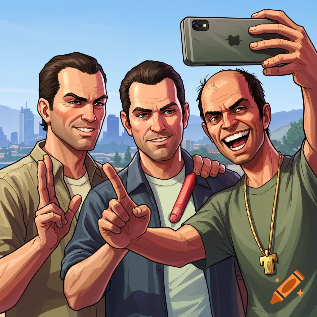 Three men, resembling Grand Theft Auto V characters, take a selfie with a city skyline in the background, in a cartoon style.