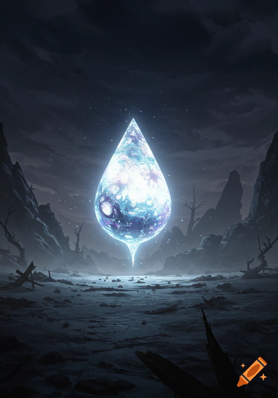 A luminous blue and white teardrop-shaped crystal glows over a desolate, rocky landscape under a dark, star-filled sky.