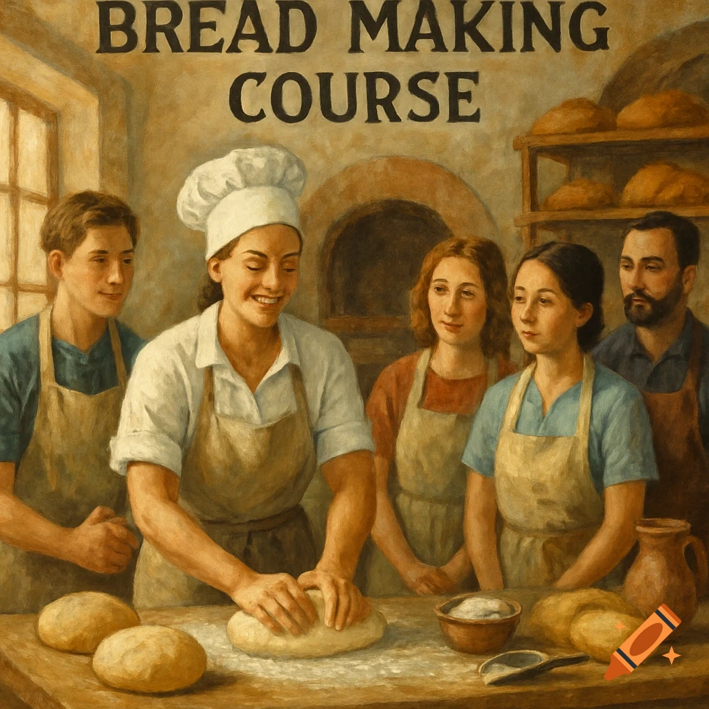 A painting of people in a bakery, including a woman kneading dough, with the text 'BREAD MAKING COURSE' at the top.