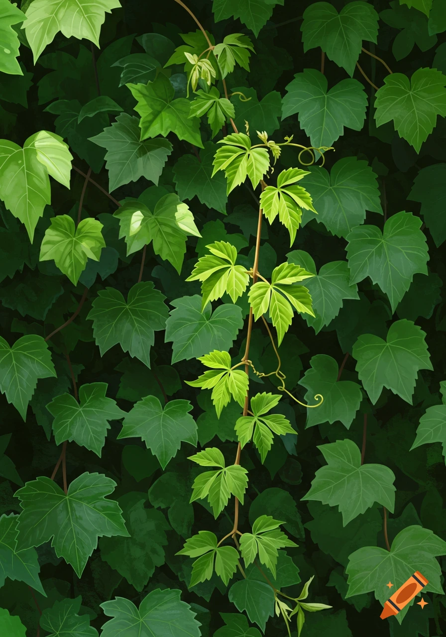 A close-up view of a dense wall of various green vine leaves and tendrils.