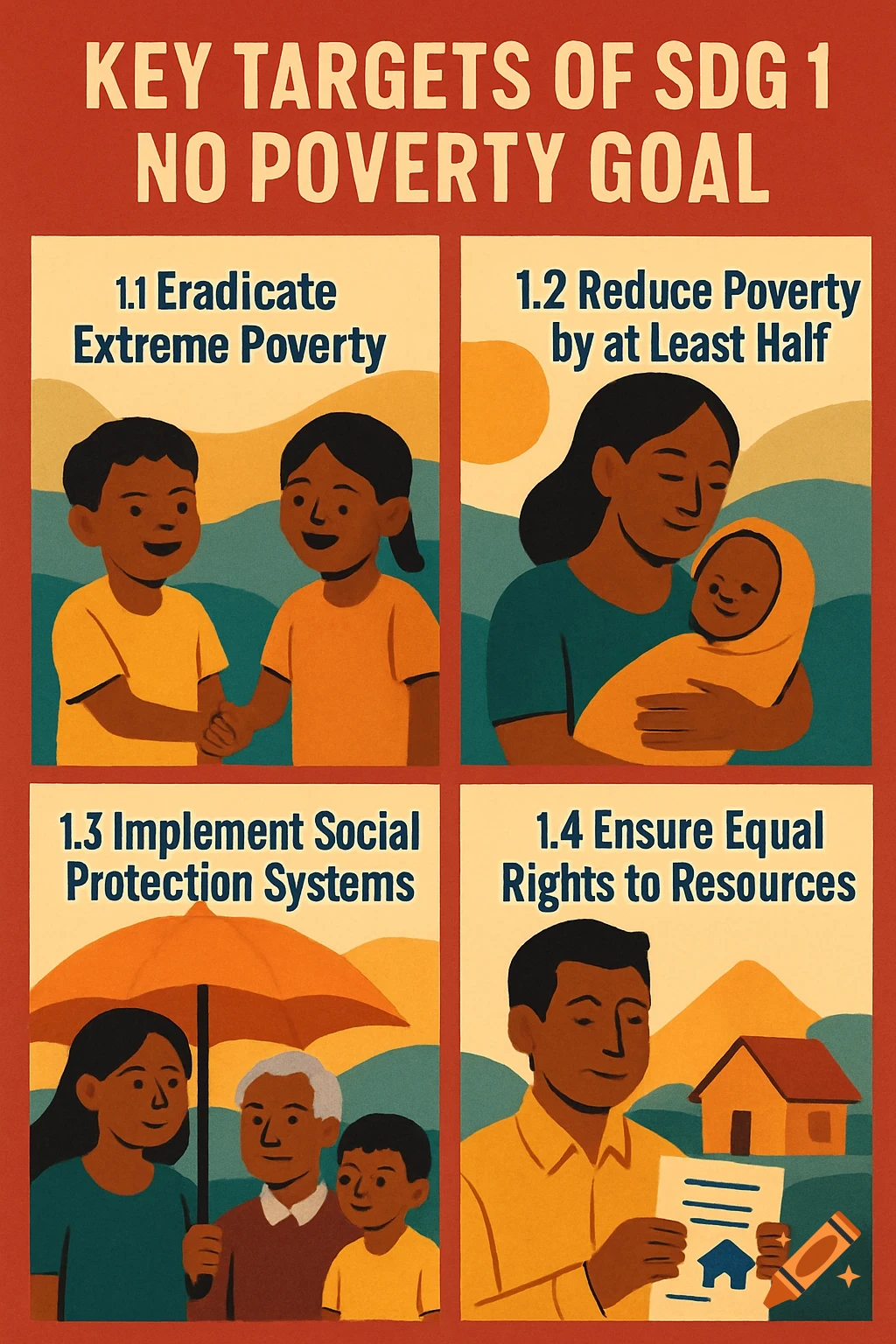 A colorful poster with four panels, illustrating different aspects of the UN's SDG 1 No Poverty Goal. Each panel has a target description and a corresponding illustration of people from various age groups.