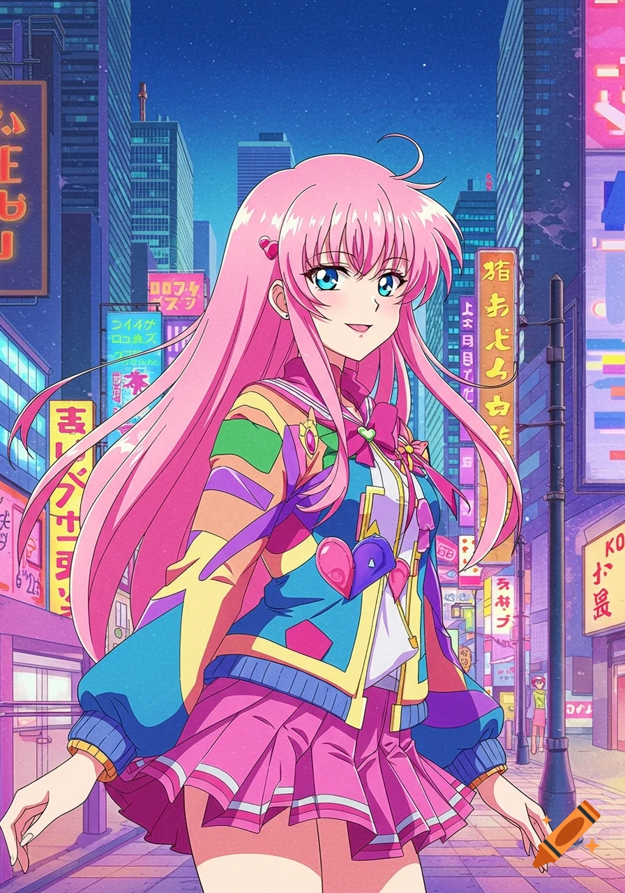 An anime girl with long pink hair and blue eyes, wearing a colorful jacket and pink pleated skirt, stands in a vibrant neon city at night.
