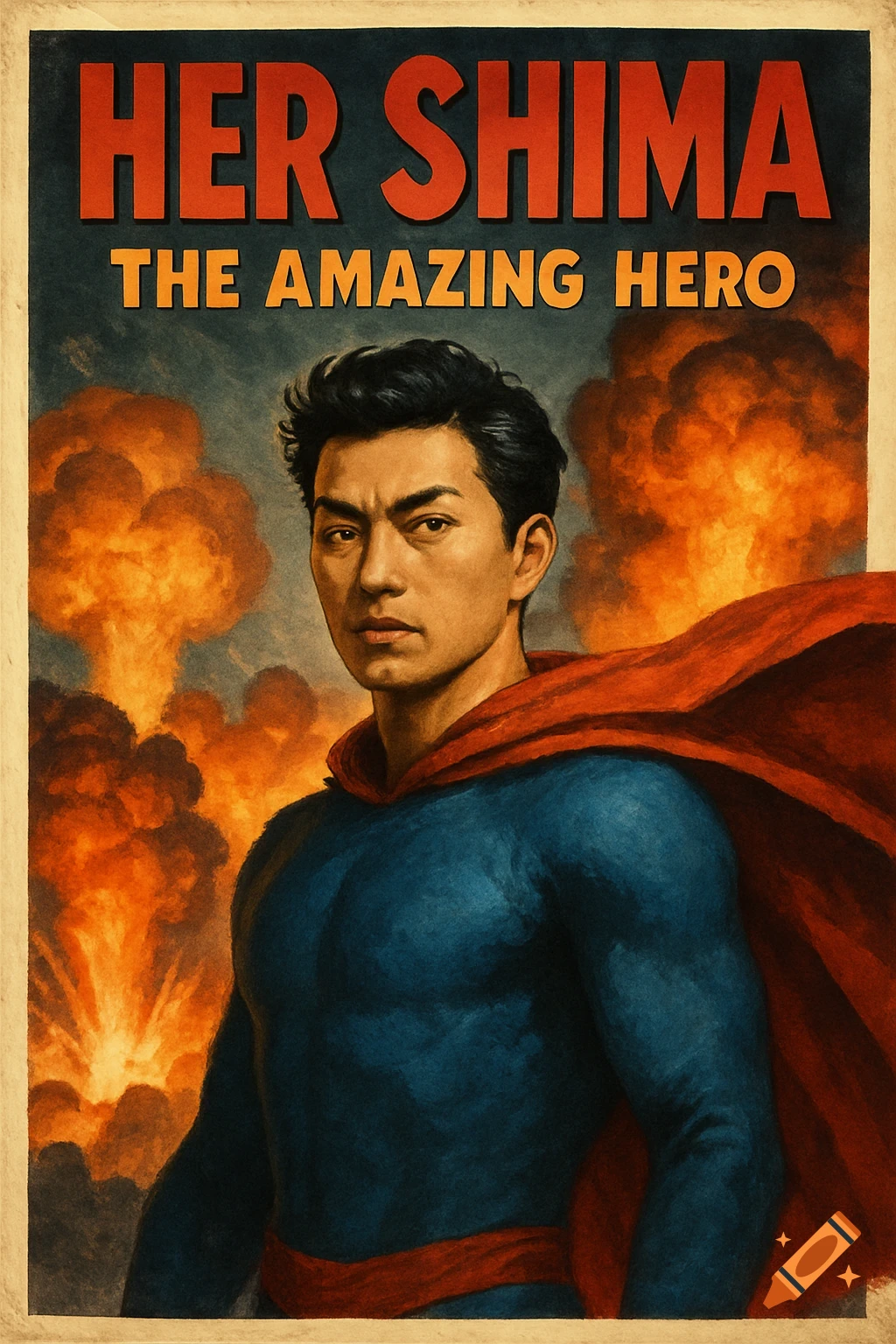 Vintage-style movie poster of a male superhero in a blue suit and red cape, with explosions. Text: 'HER SHIMA THE AMAZING HERO'.