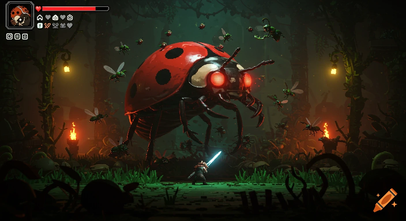 A pixelated warrior battles a giant red ladybug boss with glowing red eyes in a dark, overgrown fantasy forest.