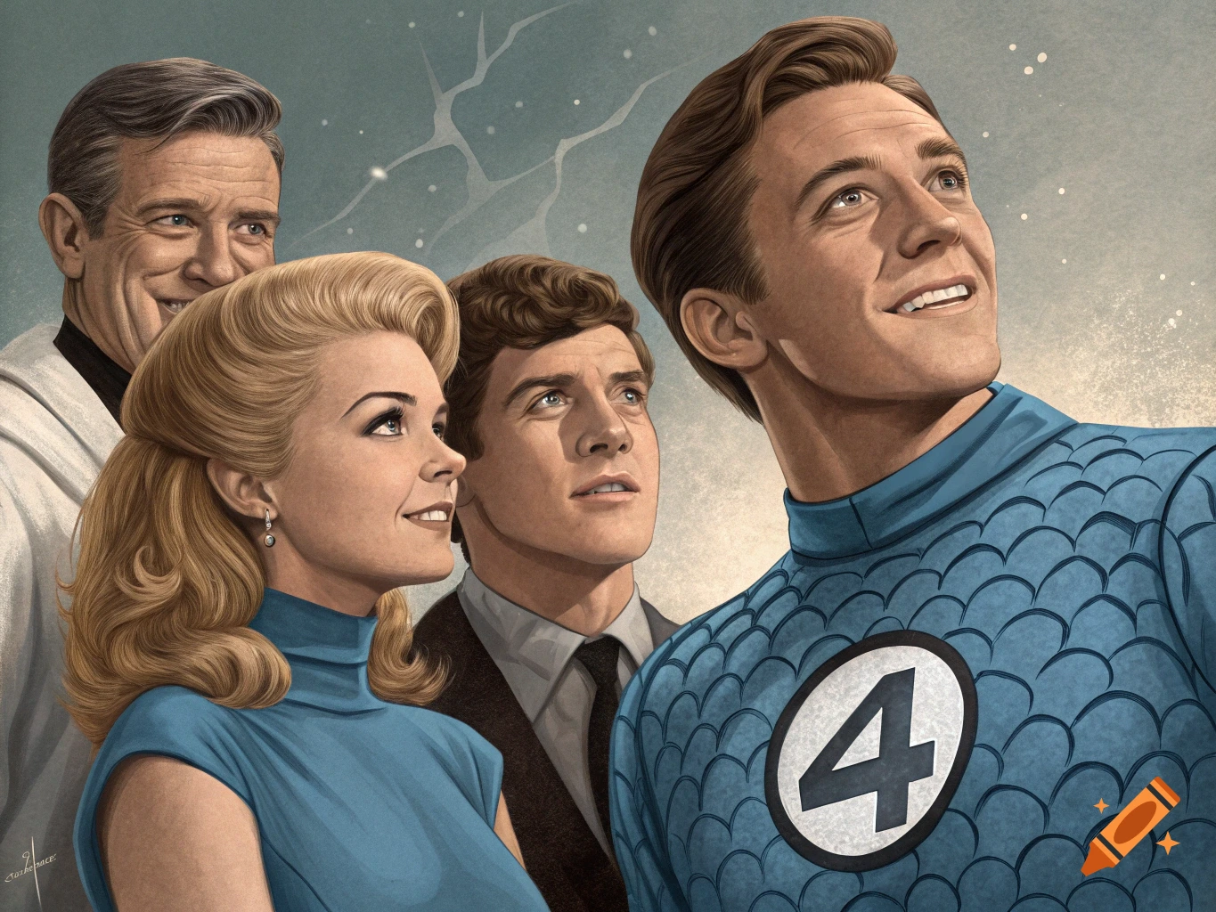 An illustration of four people, resembling The Fantastic Four, in a 1960s art style, looking up into a starry sky.
