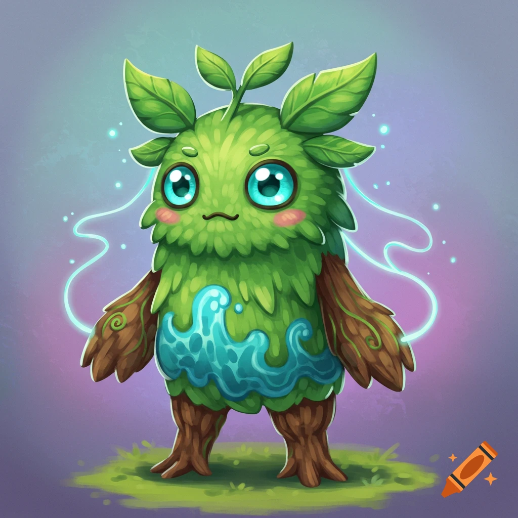 A cute, green, plant monster with large blue eyes, brown tree limbs, and blue water patterns. Standing on grass with glowing blue lines.