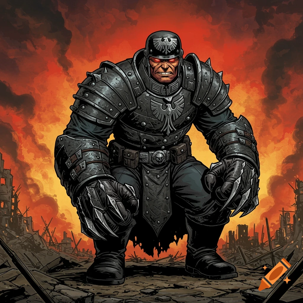 A muscular comic book villain in dark armor with glowing red eyes crouches in a destroyed city against a fiery red sky, in a comic book art style.