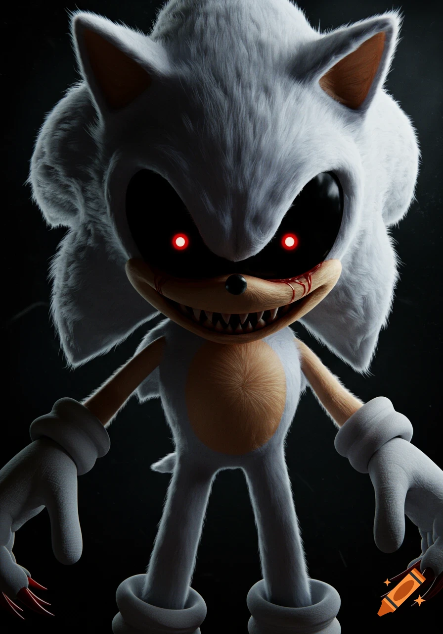 A hyper-realistic Sonic.exe with white fur, glowing red eyes, sharp teeth dripping with blood, and clawed hands, stares intensely from a dark background.
