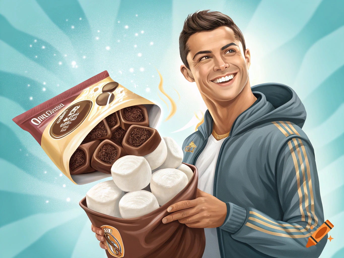 Cristiano Ronaldo smiling and holding a bag overflowing with chocolates and marshmallows in an illustration style.