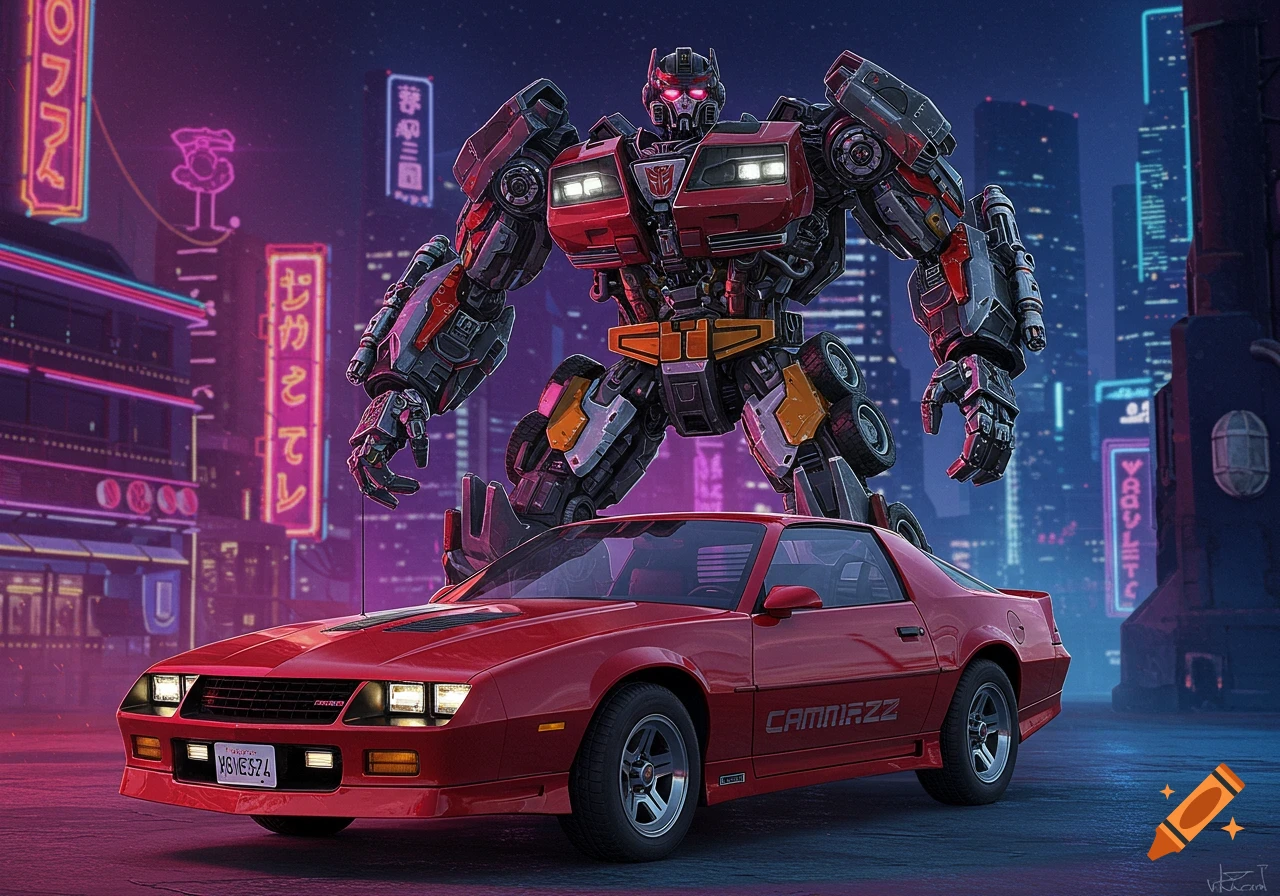 A red classic Camaro transforms into a large, detailed robot, standing in a neon-lit cyberpunk city at night.