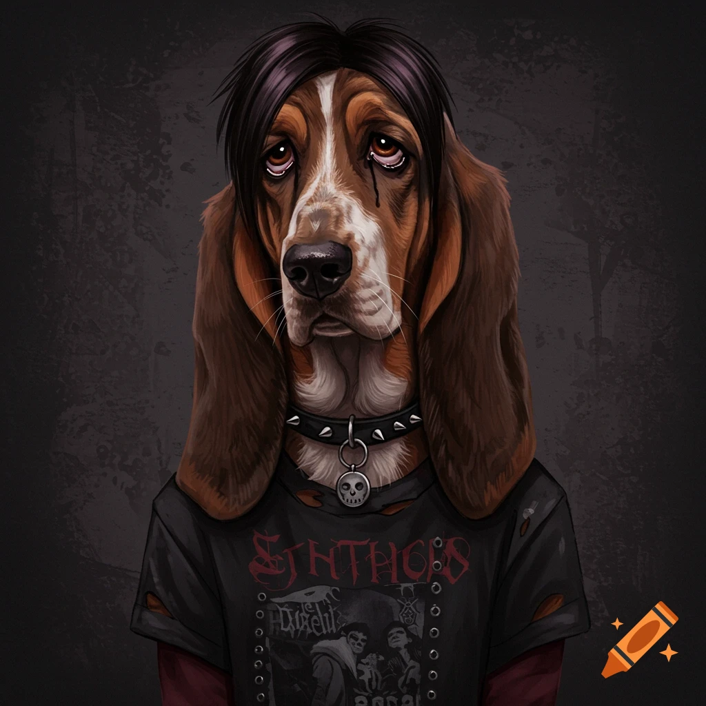 An illustrated basset hound dog with dark emo hair, a spiked collar, and a black goth band t-shirt, crying.