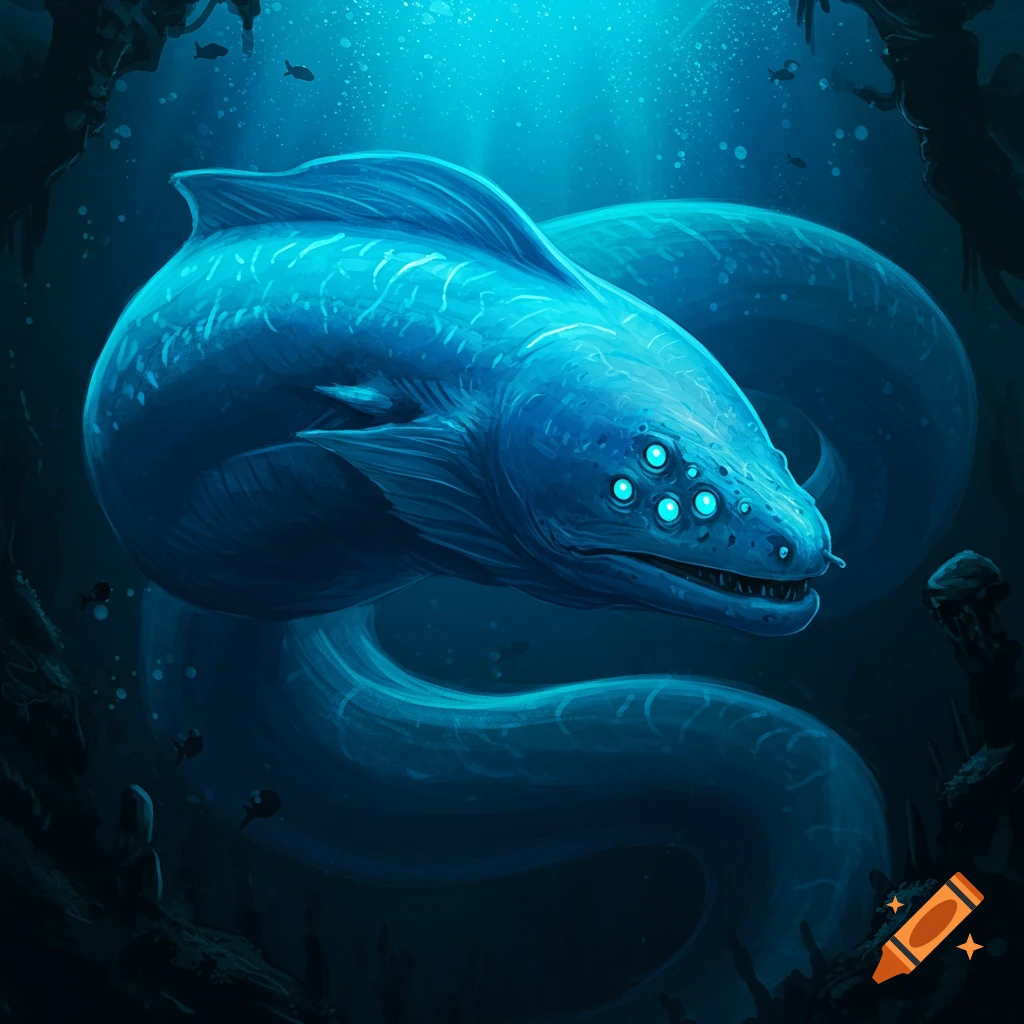 A large, glowing blue eel-like creature with six cyan eyes swims in dark underwater depths.