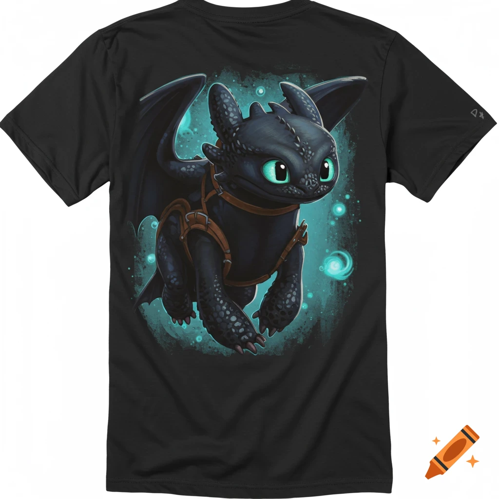 Toothless the black dragon flying with a harness on a black t-shirt with a teal glow background.