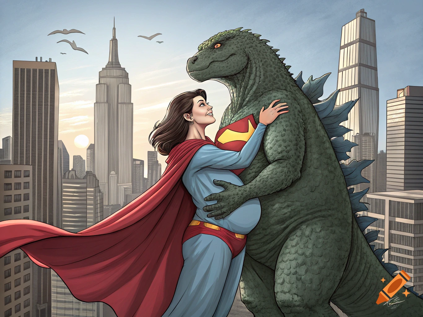 Pregnant female superhero resembling Superman hugs Godzilla on a city rooftop with the Empire State Building background, comic art style.