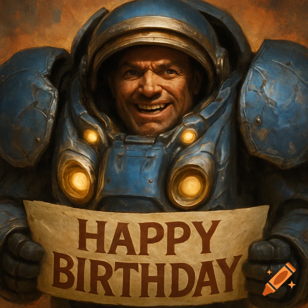A grinning man in blue sci-fi power armor holds a banner that reads 'HAPPY BIRTHDAY'. The art style resembles a painted portrait.