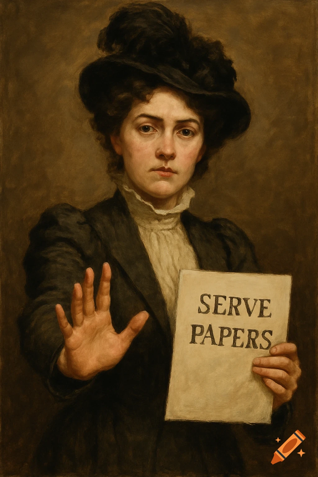 A classical portrait painting of a woman in a dark hat and suit holding up a hand and holding a paper that reads 'SERVE PAPERS'.