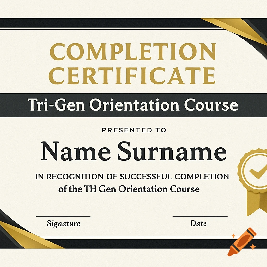 A black, gold, and white completion certificate for the "Tri-Gen Orientation Course" with a gold seal.