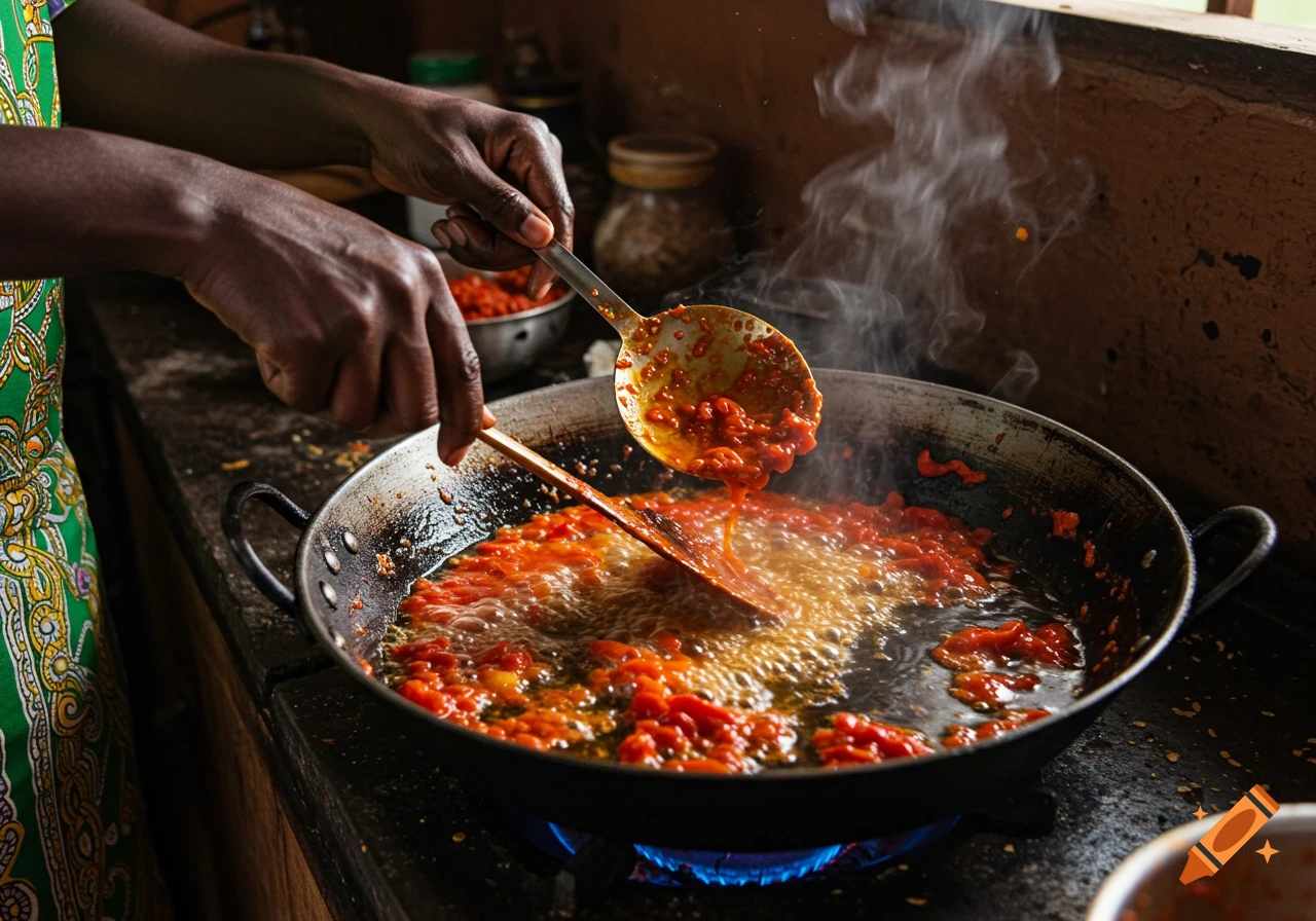 African hands stirring red pepper sauce in a sizzling pan over a blue flame in a kitchen, steam rising.