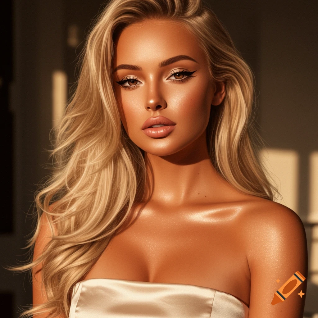 A photorealistic portrait of a glamorous blonde woman with long wavy hair and glowing skin in warm, golden hour light.