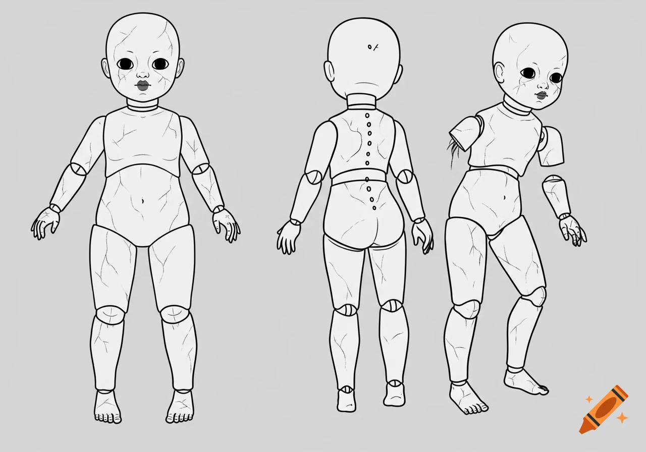 Three black and white line art illustrations of a cracked porcelain doll body with visible ball joints, one front view, one back view, and one slouched view with a missing arm.